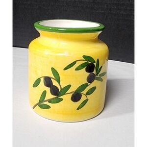 VTG Monique Yellow Olive Branch Crock Olive Pit Jar Made in‎ Spain Hand Painted